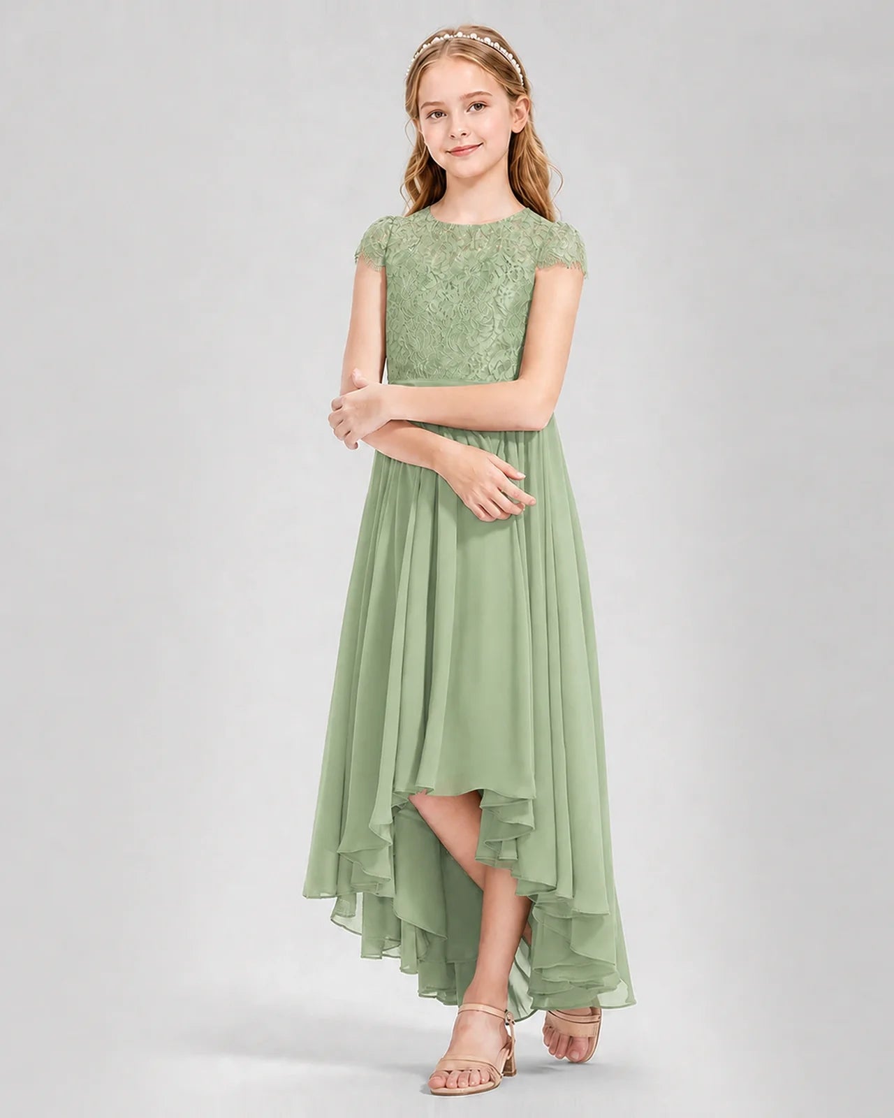 Sage Green Junior Bredemaid Dresses Lace Keyhole Back Asymmetrical Chiffon Gown Front View