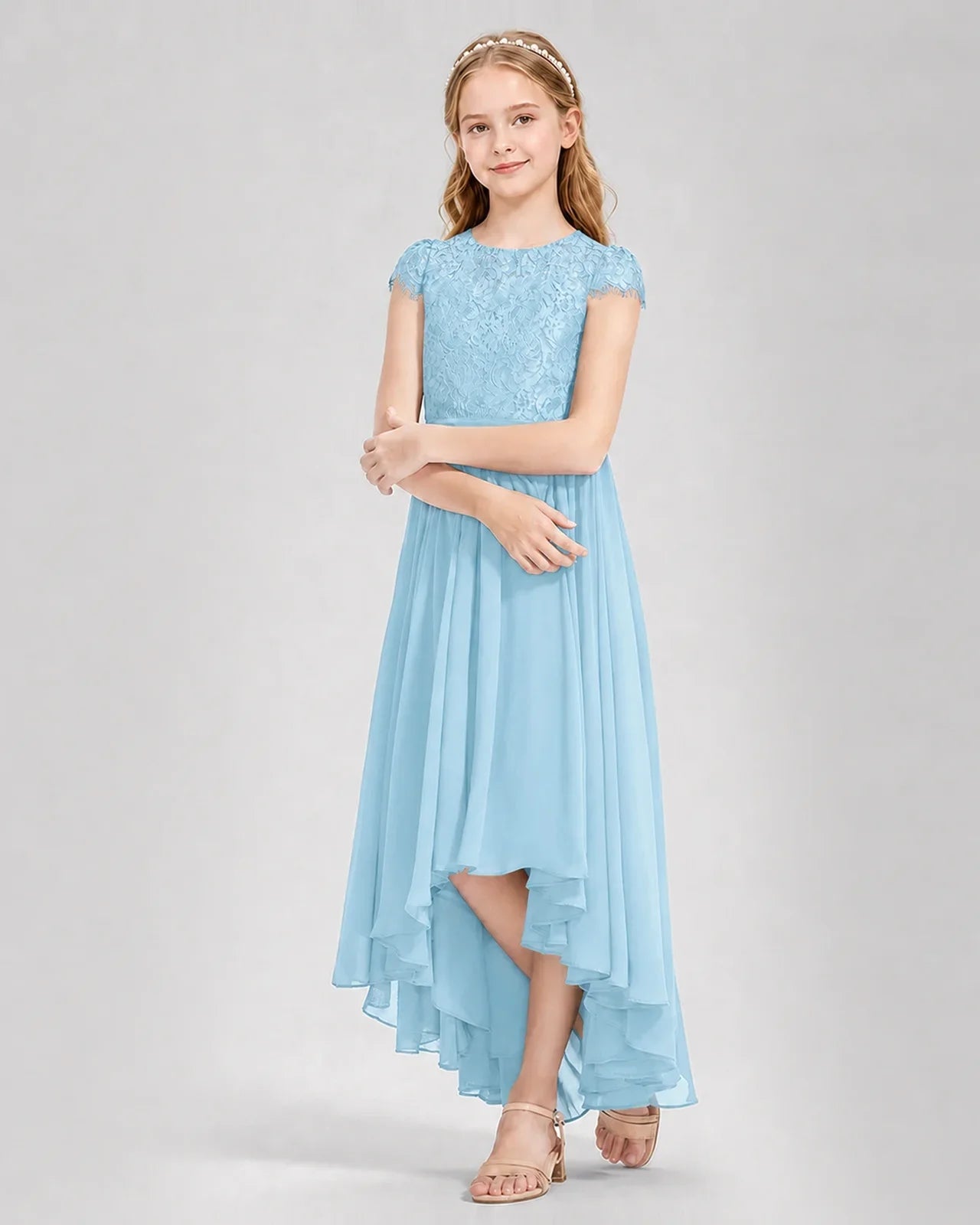 Sky Blue Junior Bredemaid Dresses Lace Keyhole Back Asymmetrical Chiffon Gown Front View