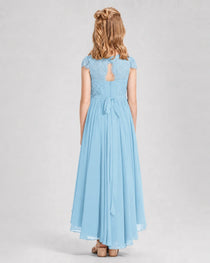 Sky Blue Junior Bredemaid Dresses Lace Keyhole Back Asymmetrical Chiffon Gown Back View