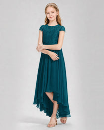 Teal Junior Bredemaid Dresses Lace Keyhole Back Asymmetrical Chiffon Gown Front View