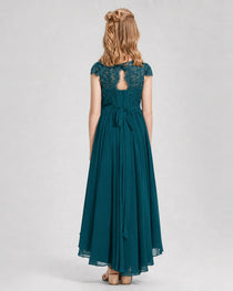 Teal Junior Bredemaid Dresses Lace Keyhole Back Asymmetrical Chiffon Gown Back View
