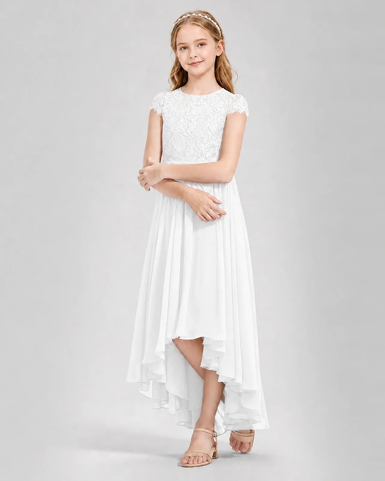 White Junior Bredemaid Dresses Lace Keyhole Back Asymmetrical Chiffon Gown Front View
