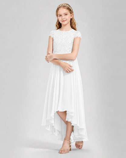 White Junior Bredemaid Dresses Lace Keyhole Back Asymmetrical Chiffon Gown Front View