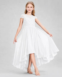 White Junior Bredemaid Dresses Lace Keyhole Back Asymmetrical Chiffon Gown Front View