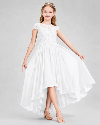 White Junior Bredemaid Dresses Lace Keyhole Back Asymmetrical Chiffon Gown Front View