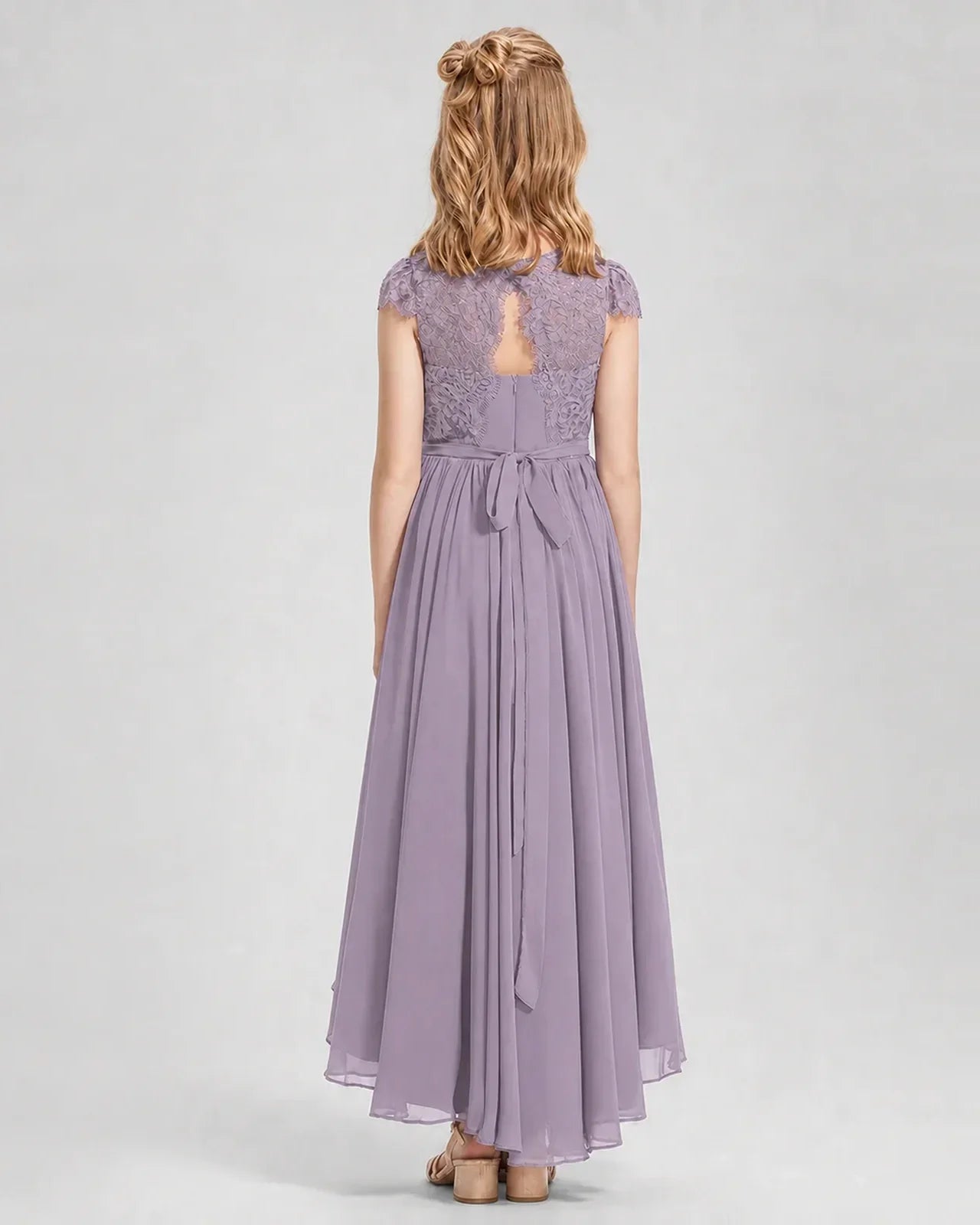 Wisreria Junior Bredemaid Dresses Lace Keyhole Back Asymmetrical Chiffon Gown Back View