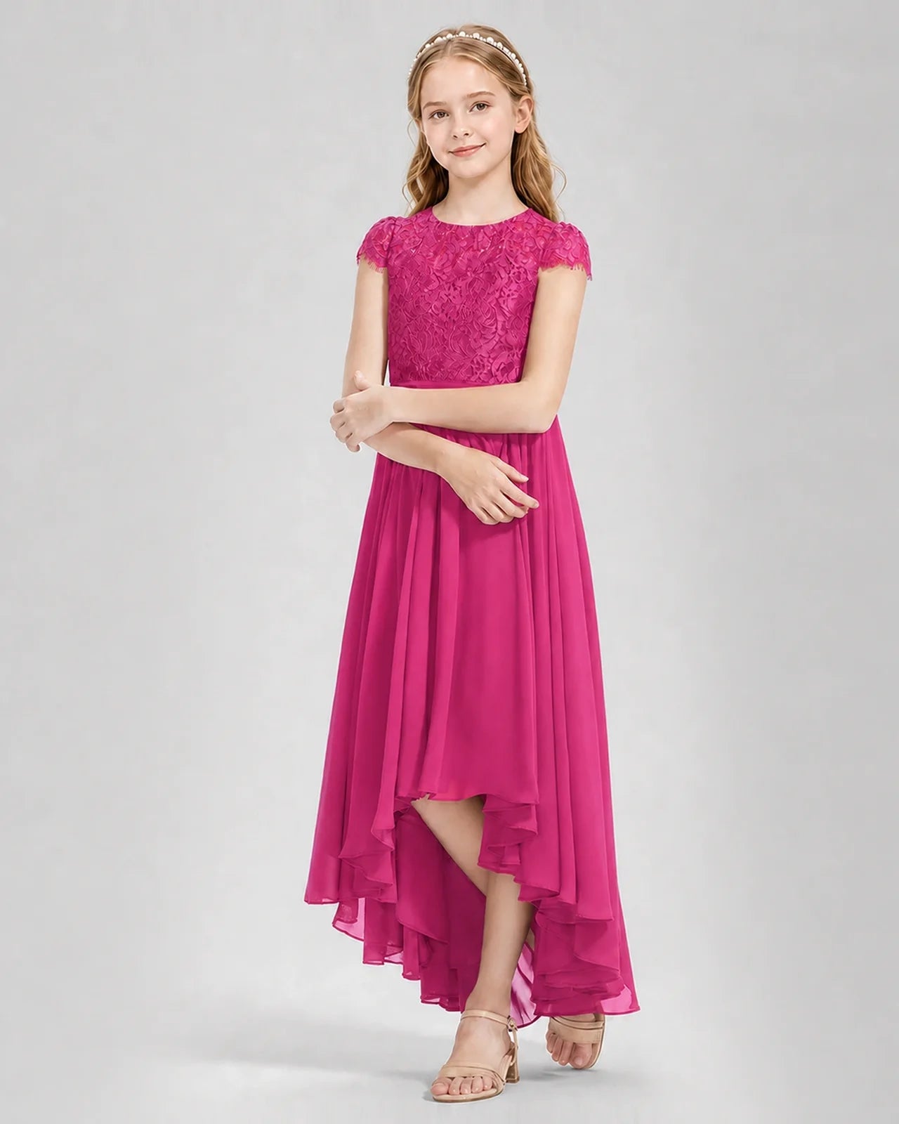 Hot pink Junior Bredemaid Dresses Lace Keyhole Back Asymmetrical Chiffon Gown Front View