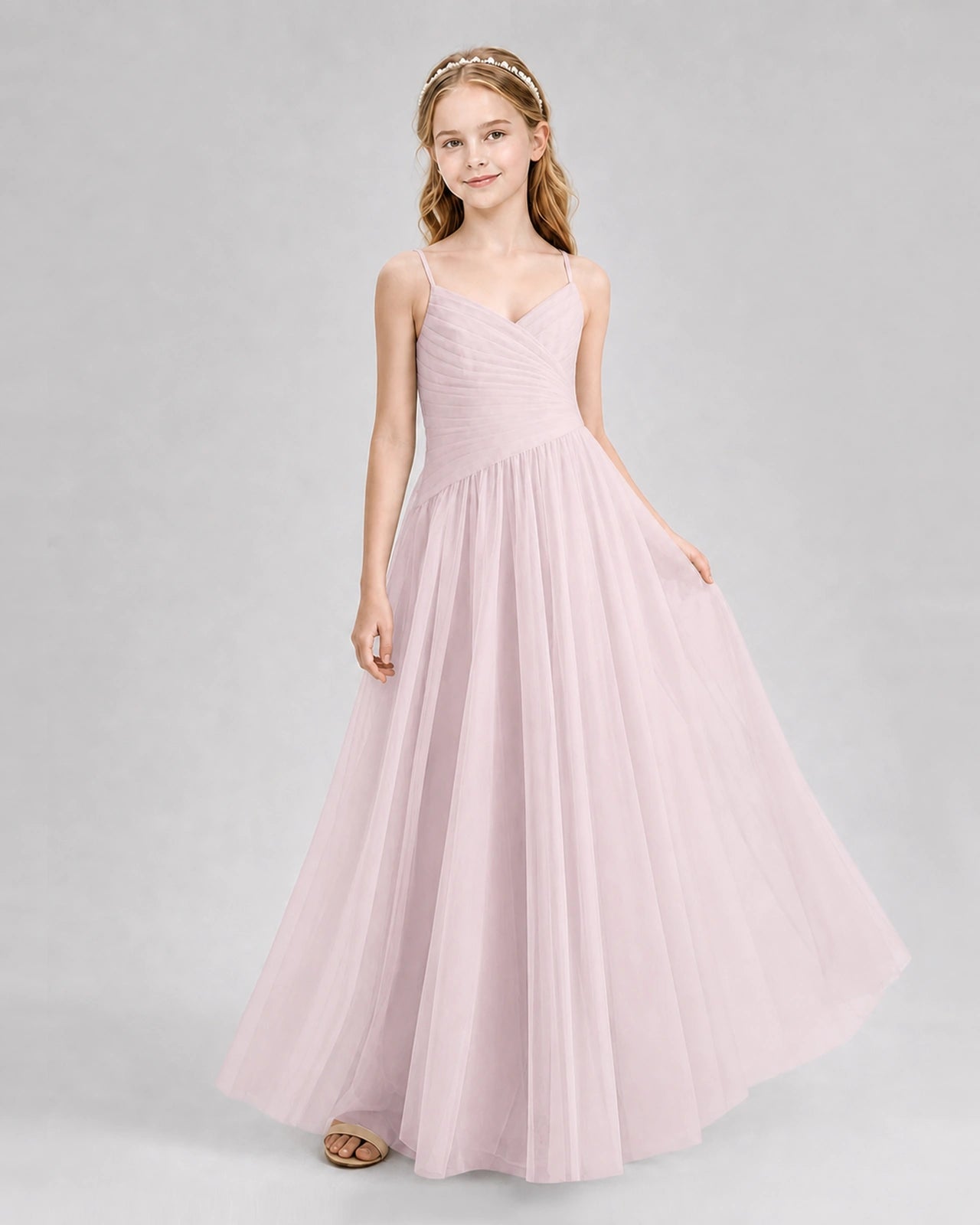 Blush Pink Junior Bridesmaid Dress Ruched V-Neck Spaghetti Strap Tulle Floor-Length Gown Front View