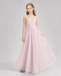 Blush Pink Junior Bridesmaid Dress Ruched V-Neck Spaghetti Strap Tulle Floor-Length Gown Front View