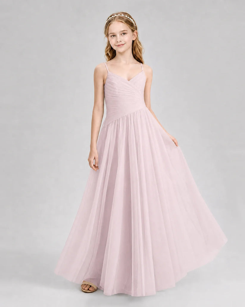 Blush Pink Tulle A-line Junior Bridesmaid Dress Front View