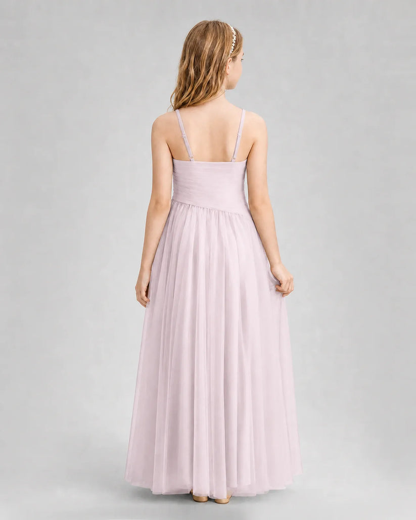 Blush Pink Tulle A-line Junior Bridesmaid Dress Back View