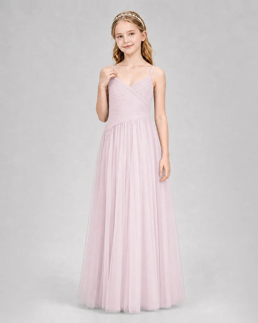 Blush Pink Tulle A-line Junior Bridesmaid Dress Front View