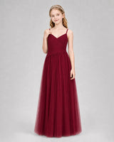 Burgundy Tulle A-line Junior Bridesmaid Dress Front View