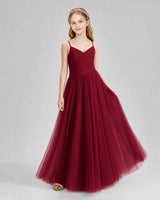 Burgundy Tulle A-line Junior Bridesmaid Dress Front View