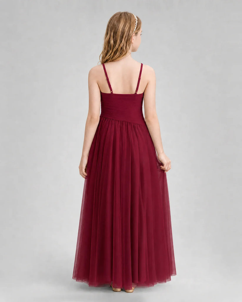 Burgundy Tulle A-line Junior Bridesmaid Dress Back View