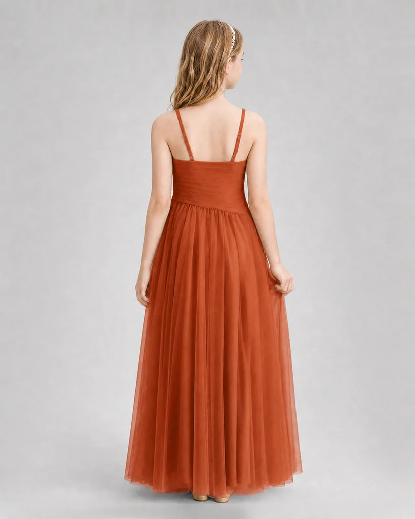 Burnt Orange Tulle A-line Junior Bridesmaid Dress Back View