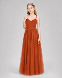 Burnt Orange Junior Bridesmaid Dress Ruched V-Neck Spaghetti Strap Tulle Floor-Length Gown Front View