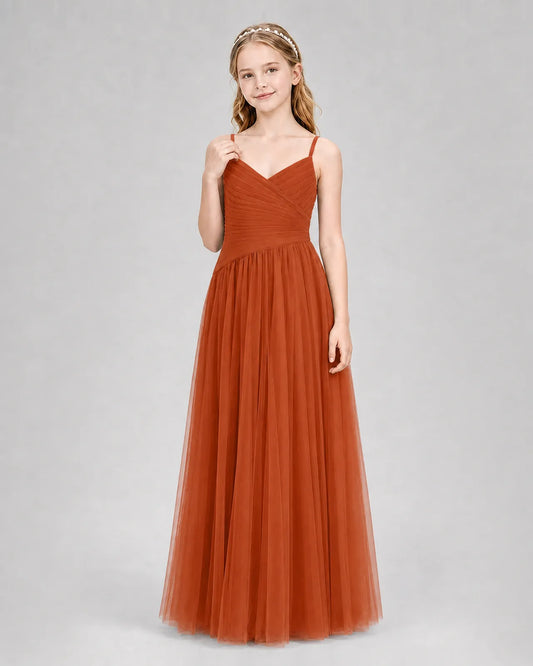 Burnt Orange Tulle A-line Junior Bridesmaid Dress Front View