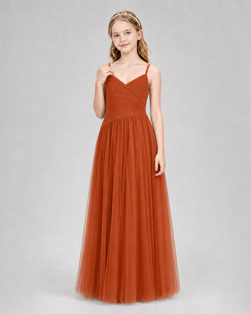 Burnt Orange Tulle A-line Junior Bridesmaid Dress Front View