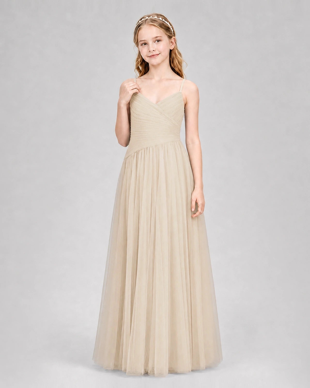 Champagne Junior Bridesmaid Dress Ruched V-Neck Spaghetti Strap Tulle Floor-Length Gown Front View