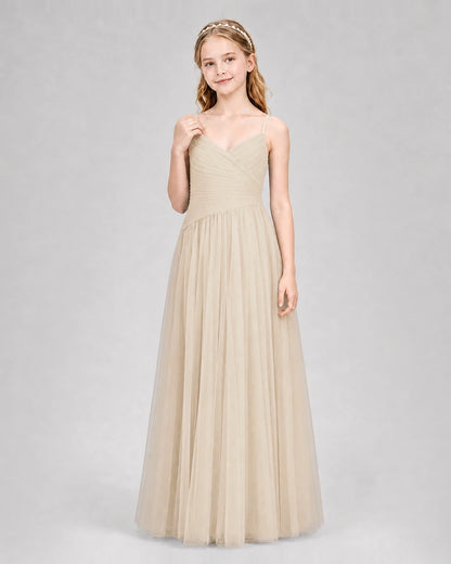 Champagne Junior Bridesmaid Dress Ruched V-Neck Spaghetti Strap Tulle Floor-Length Gown Front View