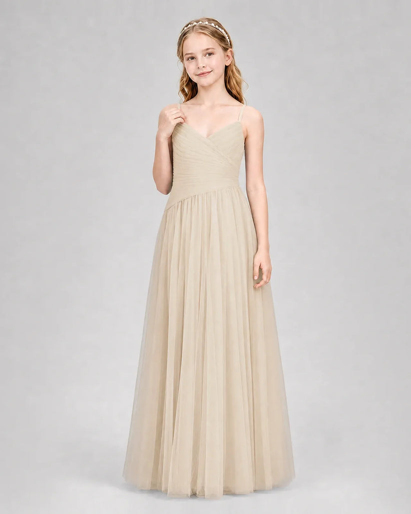 Champagne Tulle A-line Junior Bridesmaid Dress Front View