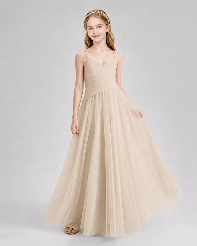 Champagne Tulle A-line Junior Bridesmaid Dress Front View
