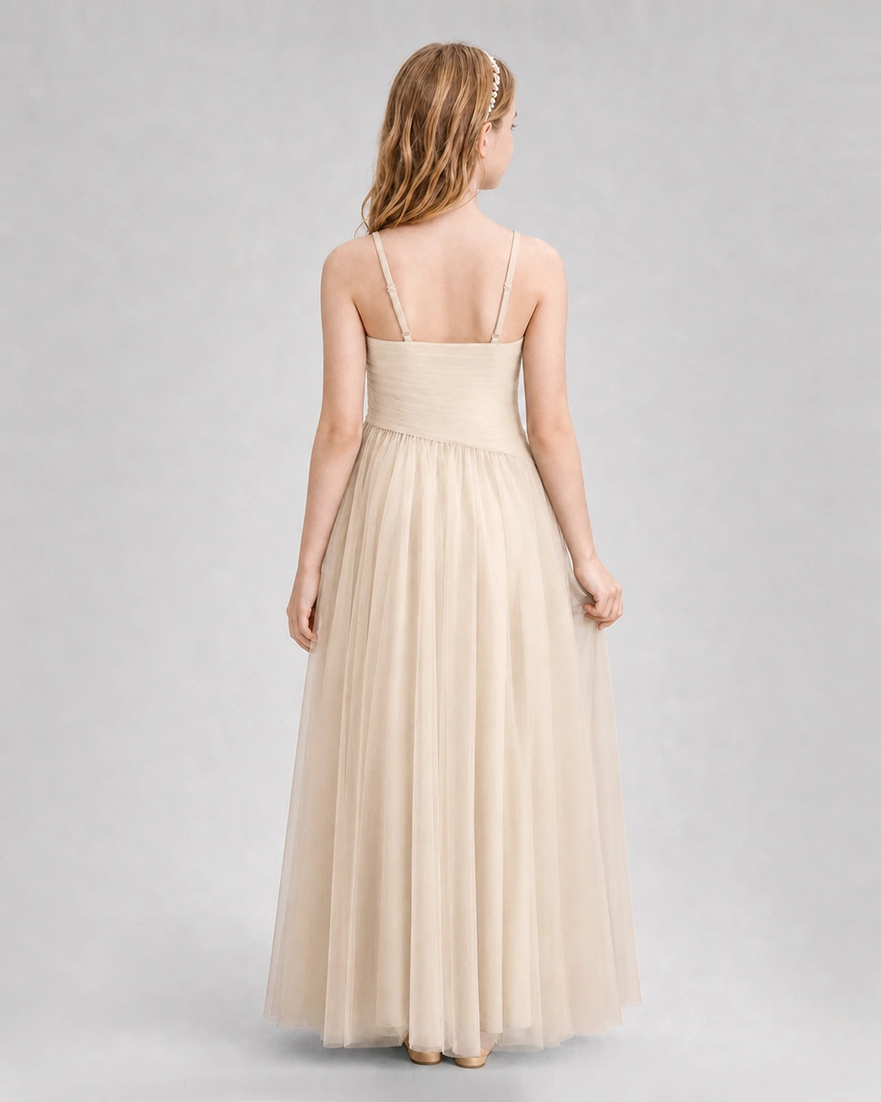 Champagne Junior Bridesmaid Dress Ruched V-Neck Spaghetti Strap Tulle Floor-Length Gown Back View