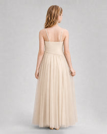 Champagne Junior Bridesmaid Dress Ruched V-Neck Spaghetti Strap Tulle Floor-Length Gown Back View
