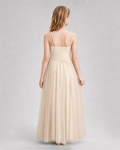 Champagne Junior Bridesmaid Dress Ruched V-Neck Spaghetti Strap Tulle Floor-Length Gown Back View