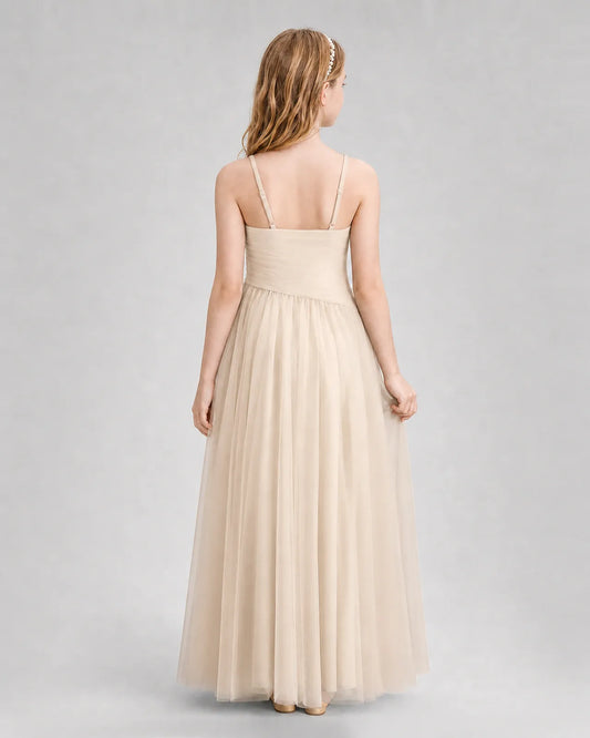 Champagne Tulle A-line Junior Bridesmaid Dress Back View