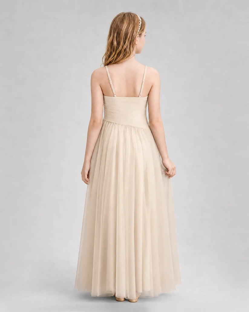 Champagne Tulle A-line Junior Bridesmaid Dress Back View