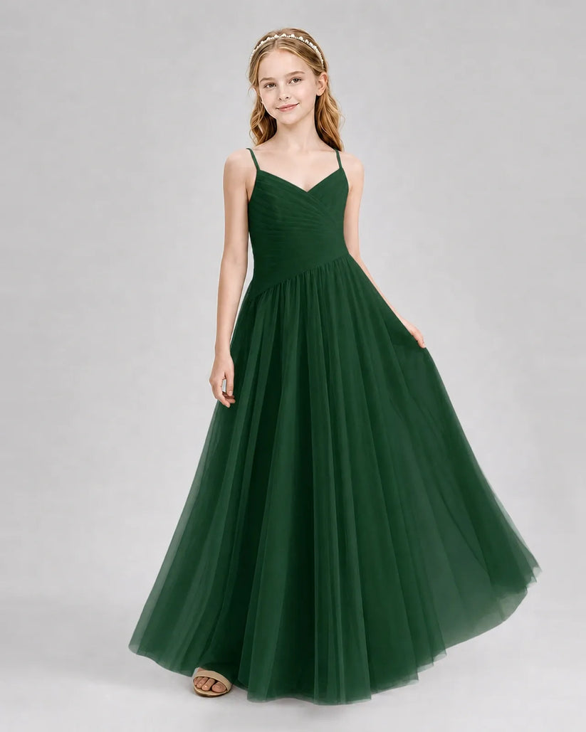 Dark Green Tulle A-line Junior Bridesmaid Dress Front View