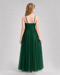 Dark Green Junior Bridesmaid Dress Ruched V-Neck Spaghetti Strap Tulle Floor-Length Gown Back View