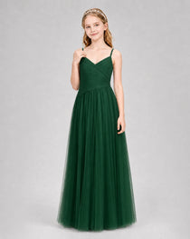 Dark Green Junior Bridesmaid Dress Ruched V-Neck Spaghetti Strap Tulle Floor-Length Gown Front View