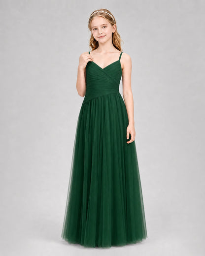 Dark Green Junior Bridesmaid Dress Ruched V-Neck Spaghetti Strap Tulle Floor-Length Gown Front View