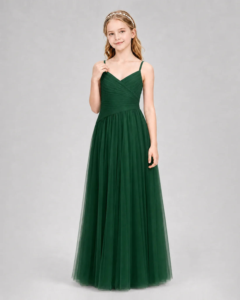 Dark Green Tulle A-line Junior Bridesmaid Dress Front View