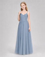 Dusty Blue Tulle A-line Junior Bridesmaid Dress Front View
