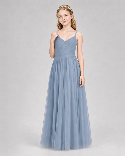 Dusty Blue Tulle A-line Junior Bridesmaid Dress Front View
