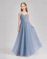 Dusty Blue Tulle A-line Junior Bridesmaid Dress Front View