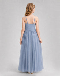 Dusty Blue Junior Bridesmaid Dress Ruched V-Neck Spaghetti Strap Tulle Floor-Length Gown Back View