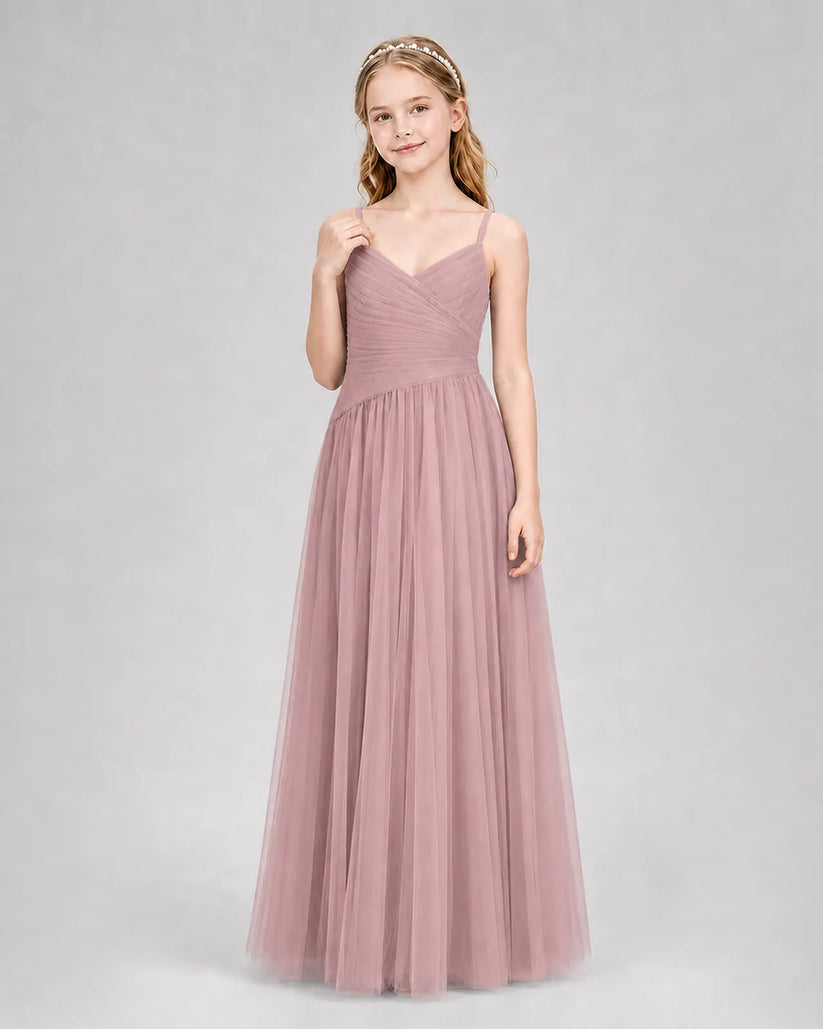 Dusty Rose Tulle A-line Junior Bridesmaid Dress Front View