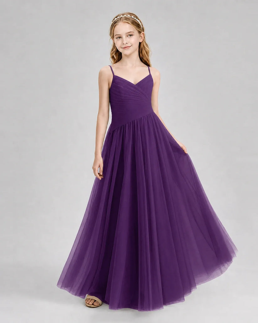 Grape Tulle A-line Junior Bridesmaid Dress Front View