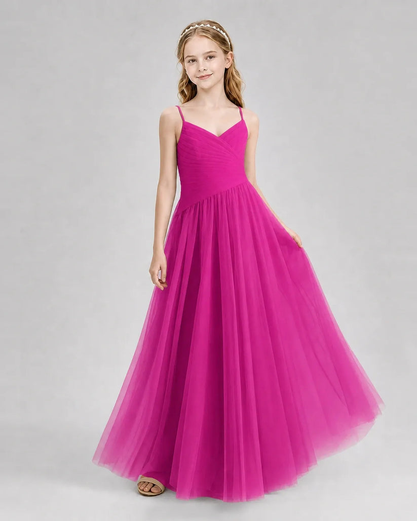 Hot Pink Tulle A-line Junior Bridesmaid Dress Front View