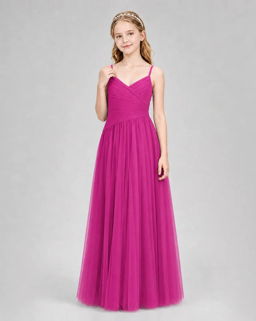Hot Pink Tulle A-line Junior Bridesmaid Dress Front View