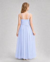 Lavender Junior Bridesmaid Dress Ruched V-Neck Spaghetti Strap Tulle Floor-Length Gown Back View
