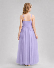 Lilac Junior Bridesmaid Dress Ruched V-Neck Spaghetti Strap Tulle Floor-Length Gown Back View