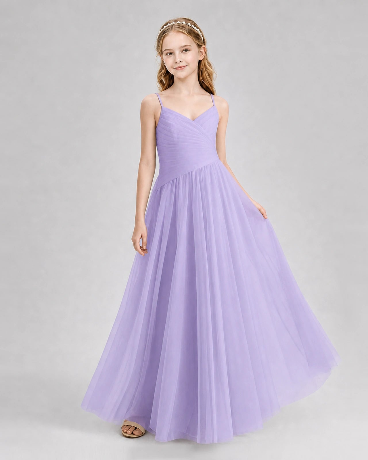 Lilac Junior Bridesmaid Dress Ruched V-Neck Spaghetti Strap Tulle Floor-Length Gown Front View