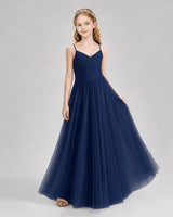 Navy Blue Tulle A-line Junior Bridesmaid Dress Front View
