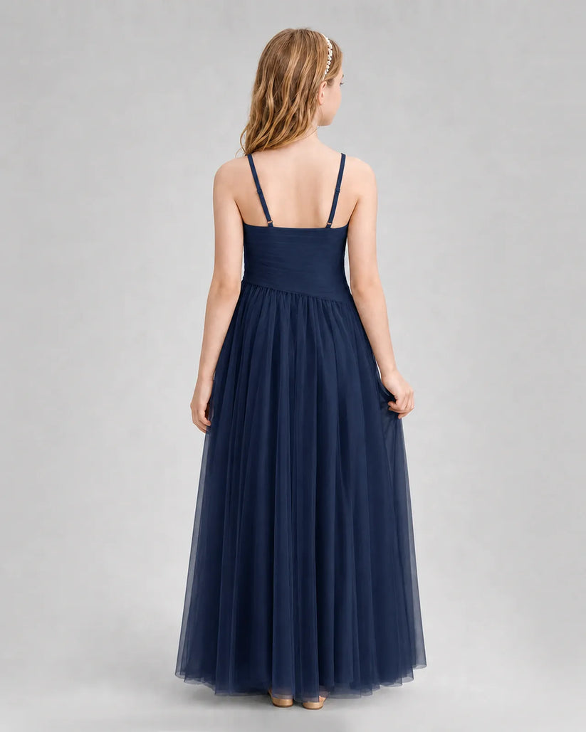 Navy Blue Tulle A-line Junior Bridesmaid Dress Back View